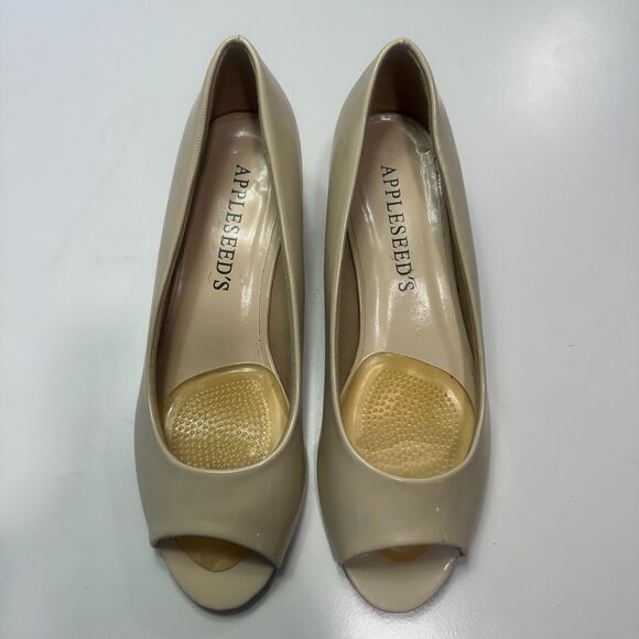 Appleseed's Shoes - Nude Patent Peep Toe Low Wedge Heel Slip On Pumps Shoes Size 7.5